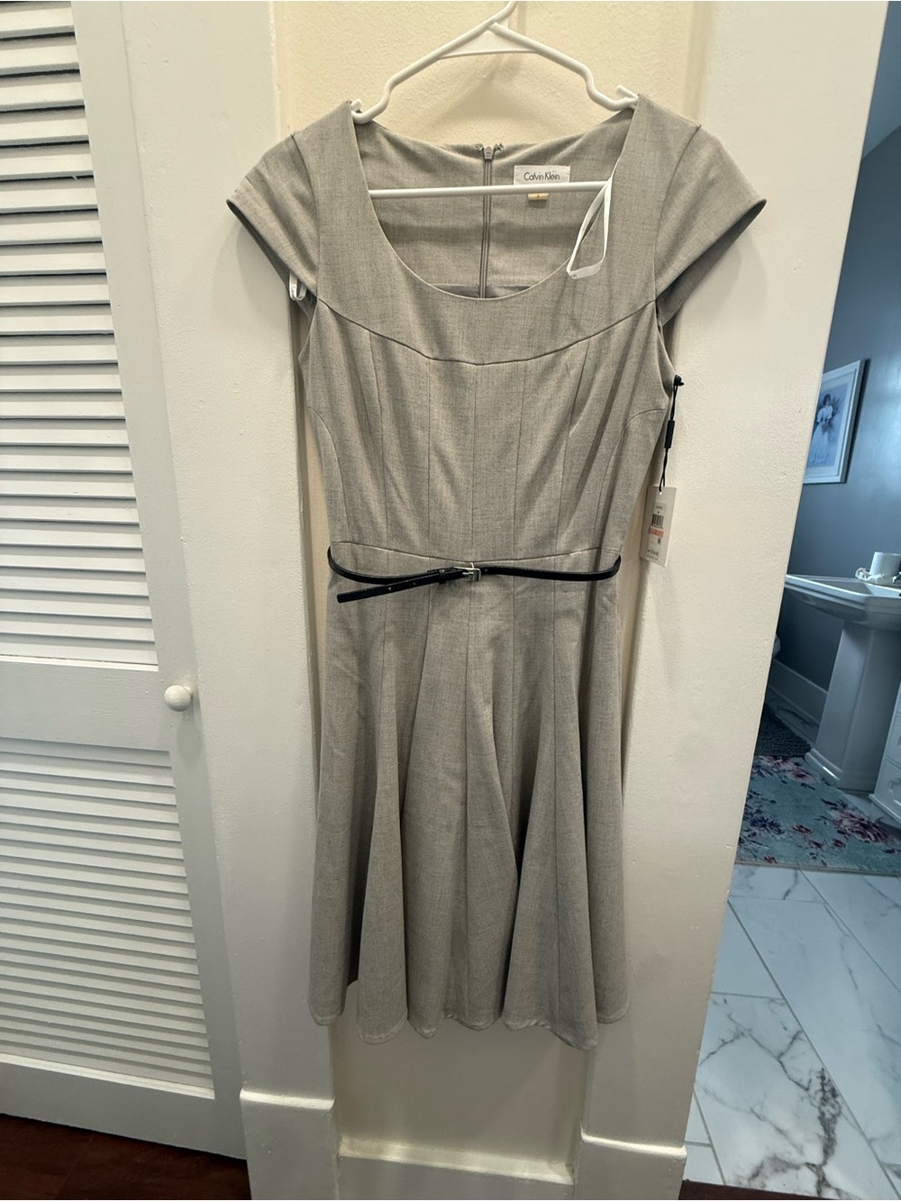 Calvin Klein Heather Gray Fit-and-Flare Midi Dress with Black Belt